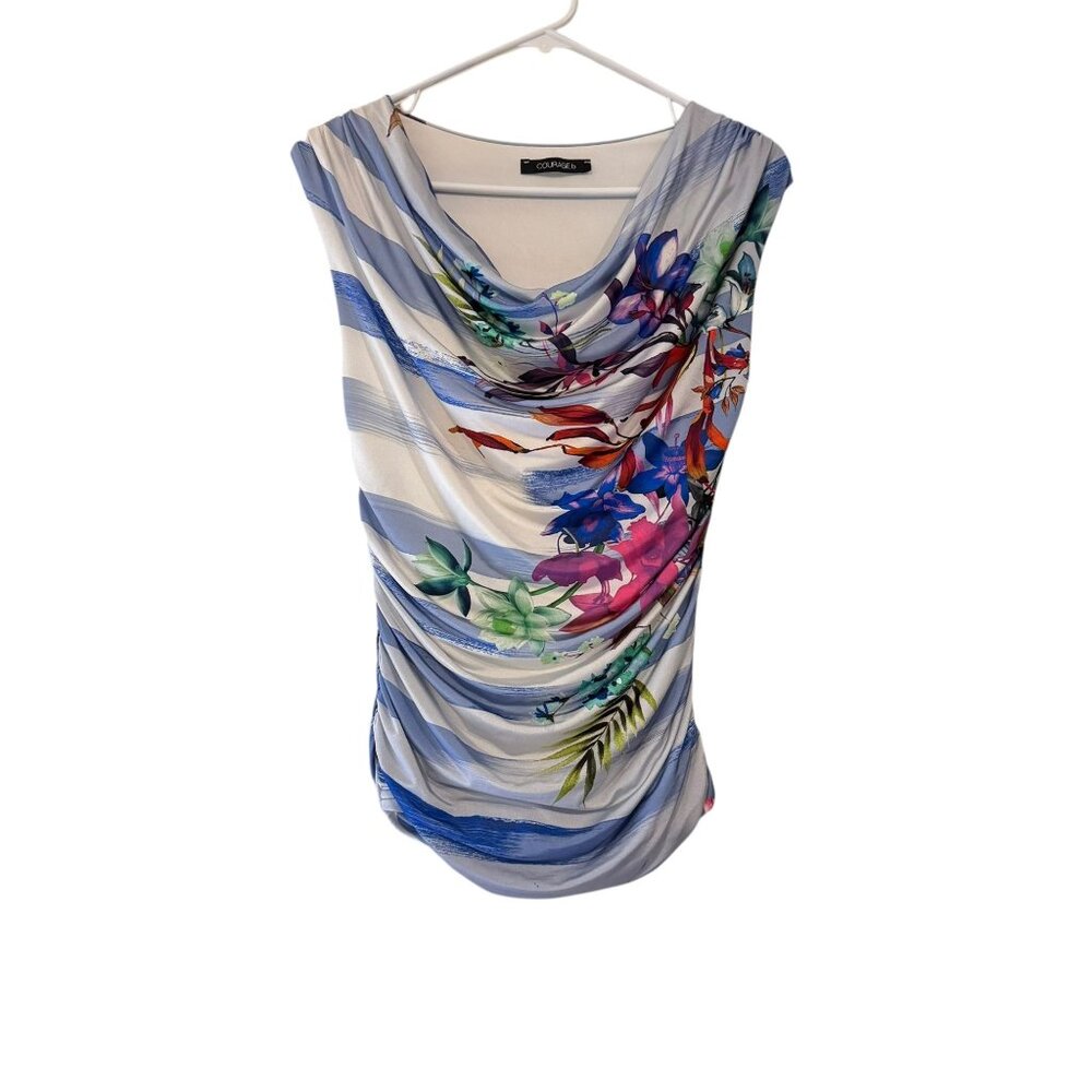 Vintage COURAGE.b Floral Draped Top Blue Stripe Ruched Size T1 (US 4)